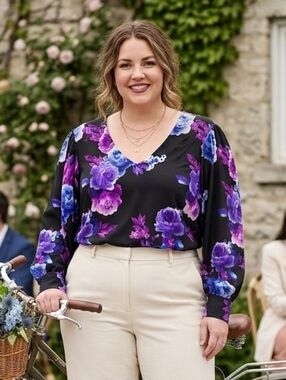 Laura 2X Modern Contemporary Romantic Floral Spring Jersey Knit V Neck Blouse